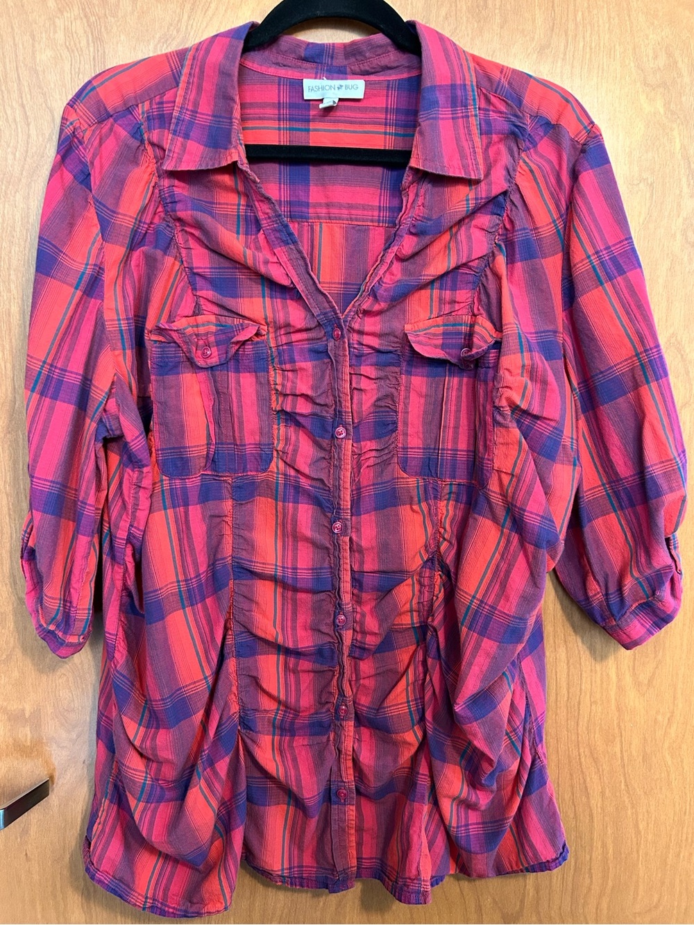 Vintage Fashion Bug Hot Pink Purple Ruched Plaid Shirt - Size 1X